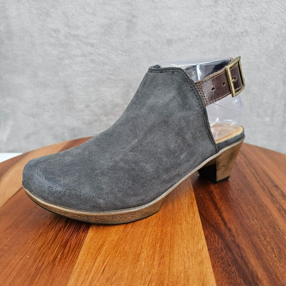 Naot Upgrade Slingback Heels 5 36 Grey Suede Brown Leather Hook Loop Comfortable